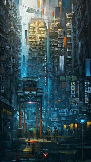 Cyberpunk City in the Clouds with Traditional Asian Gate and Neon Lights HD phone wallpaper