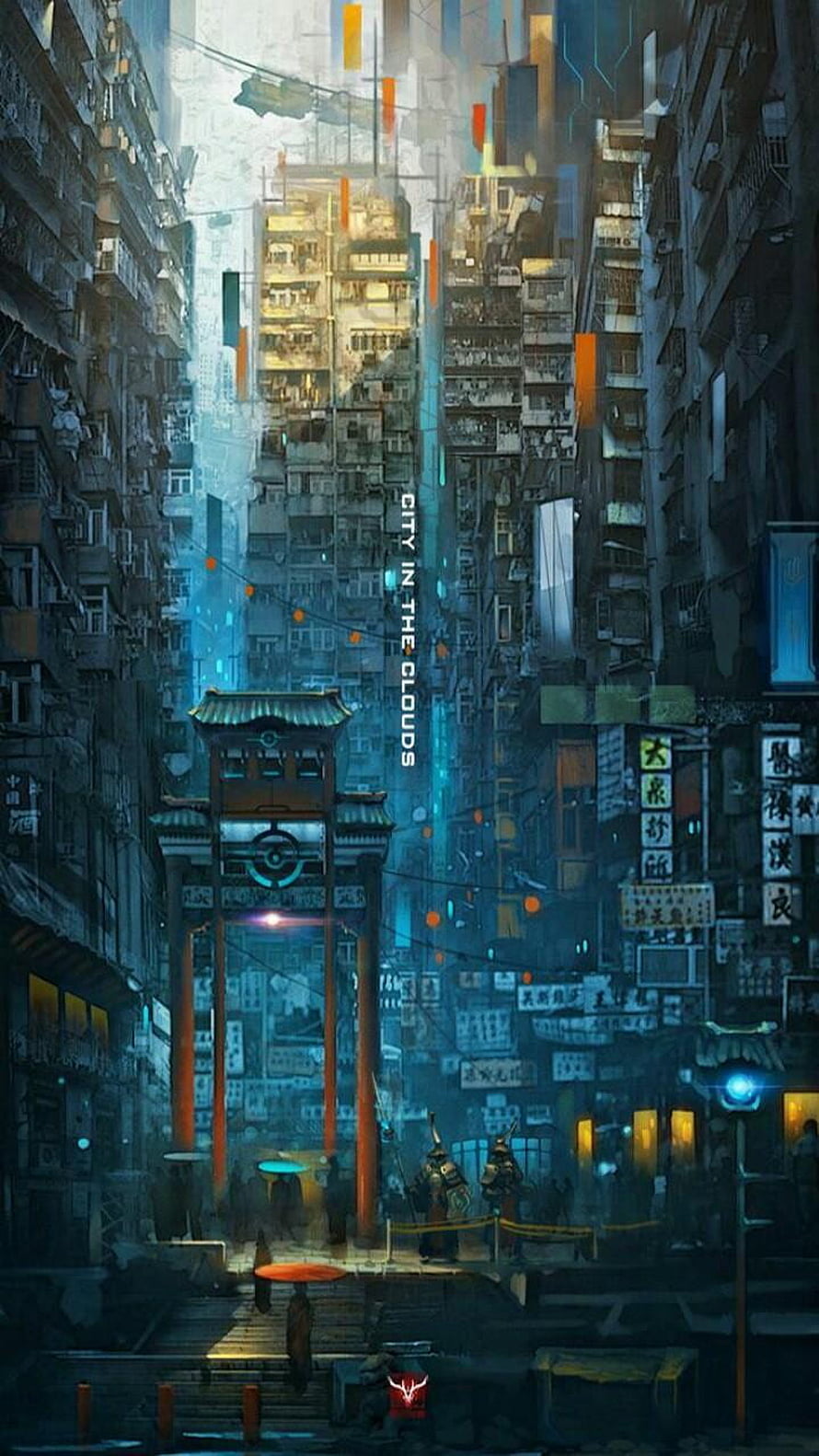 Cyberpunk City in the Clouds with Traditional Asian Gate and Neon Lights HD phone wallpaper
