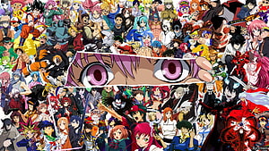 Anime Characters Collage With Central Eye Close-Up HD wallpaper