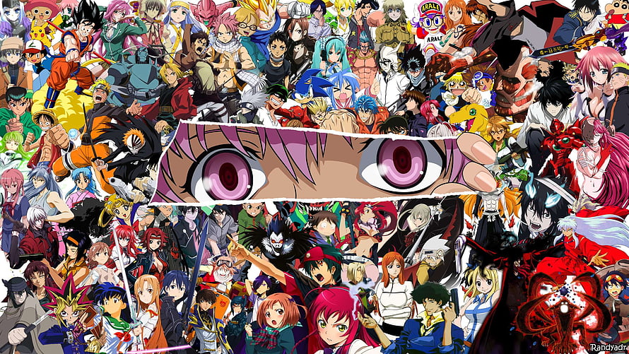 Anime Characters Collage With Central Eye Close-Up HD wallpaper