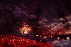 Dark Fantasy Landscape Featuring Red Spider Lilies and Floating Lanterns on a Misty Lake HD wallpaper
