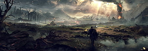 Dark Fantasy Warrior Walking Through Post-Apocalyptic Battlefield Landscape HD wallpaper