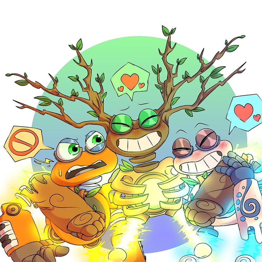 My Singing Monsters Wubbox Trio Cartoon Illustration with Heart Speech Bubbles HD phone wallpaper