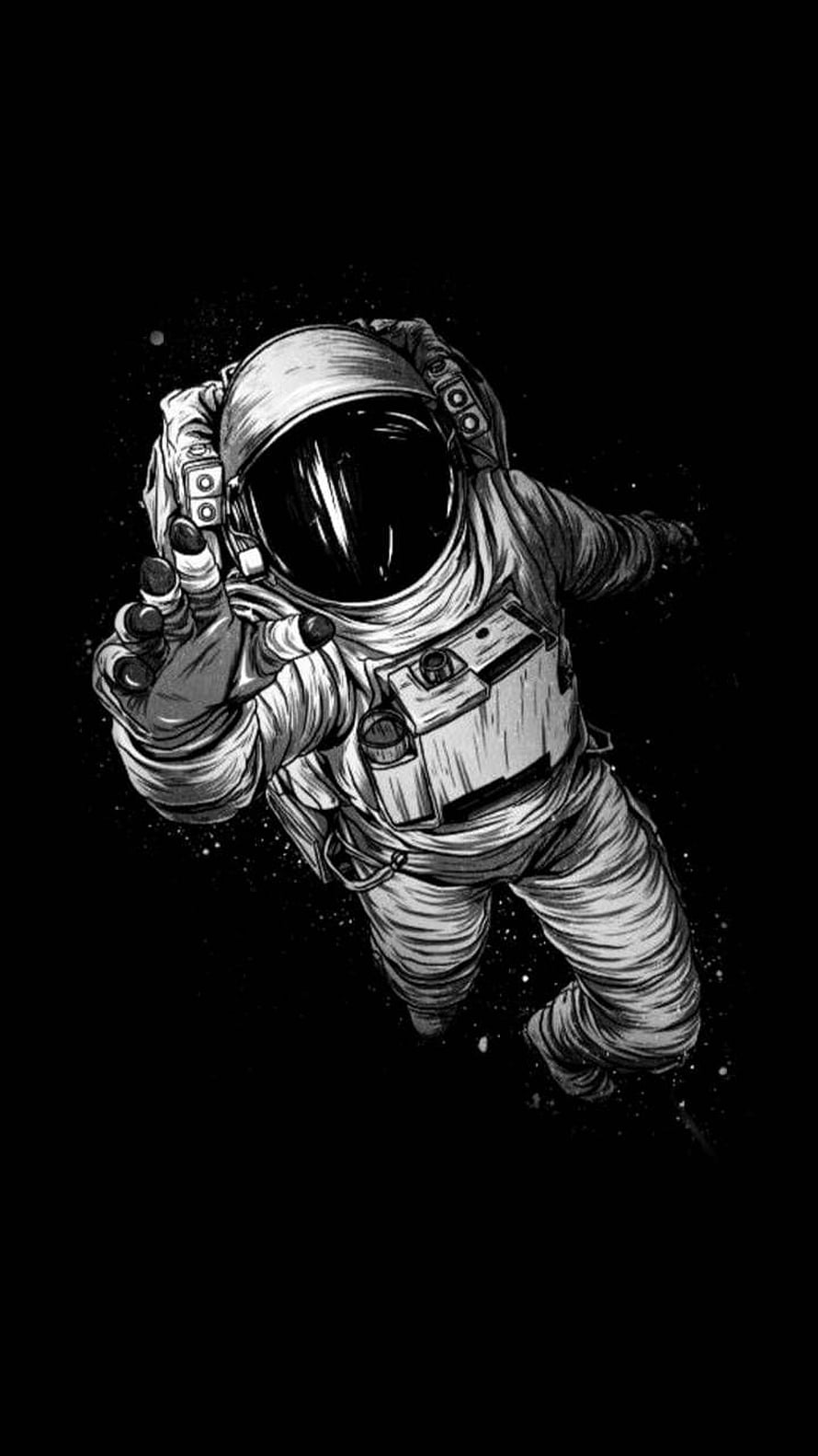 Monochrome Astronaut Floating in Deep Space with Detailed Spacesuit Illustration HD phone wallpaper