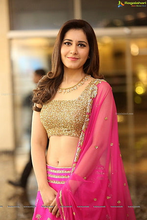 Rashi Khanna in a Gold Sequined Blouse and Pink Lehenga Choli HD phone wallpaper