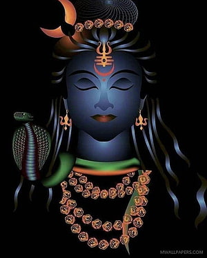 Digital Art Portrait of Lord Shiva with Blue Skin, Crescent Moon, and Cobra HD phone wallpaper