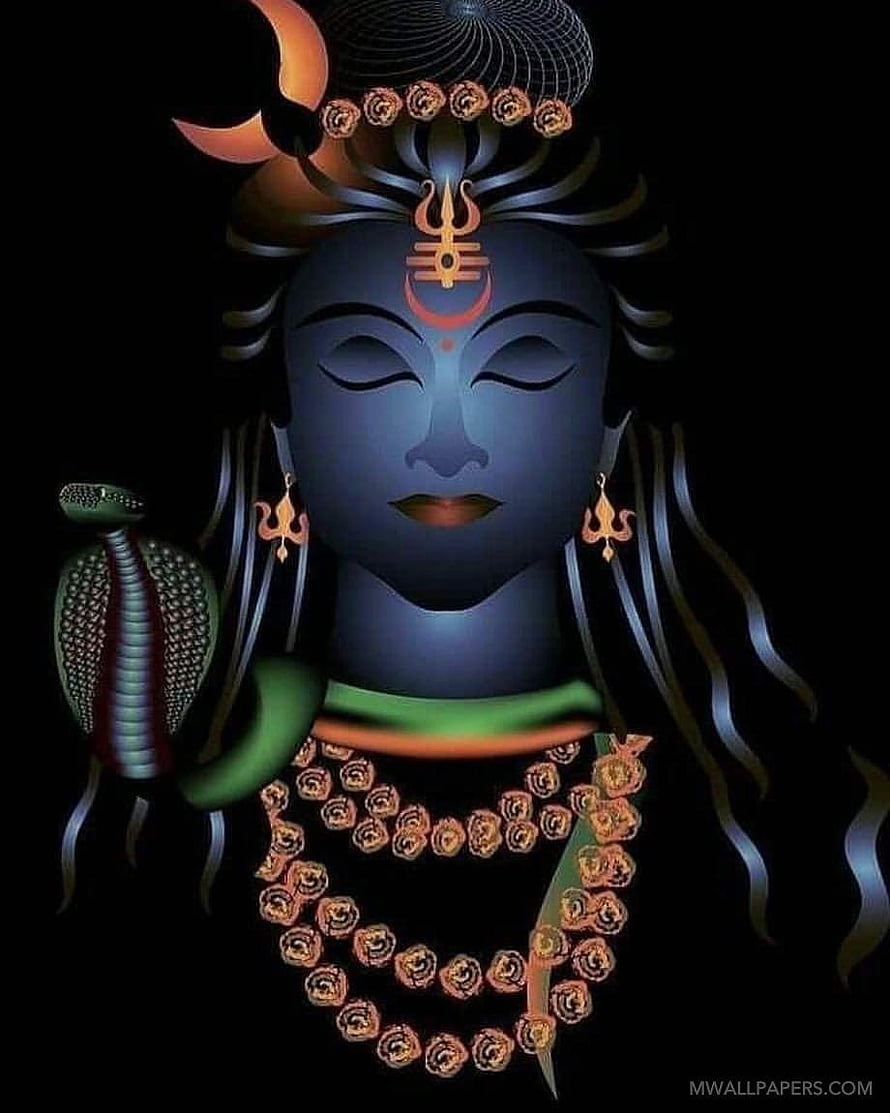Digital Art Portrait of Lord Shiva with Blue Skin, Crescent Moon, and Cobra HD phone wallpaper