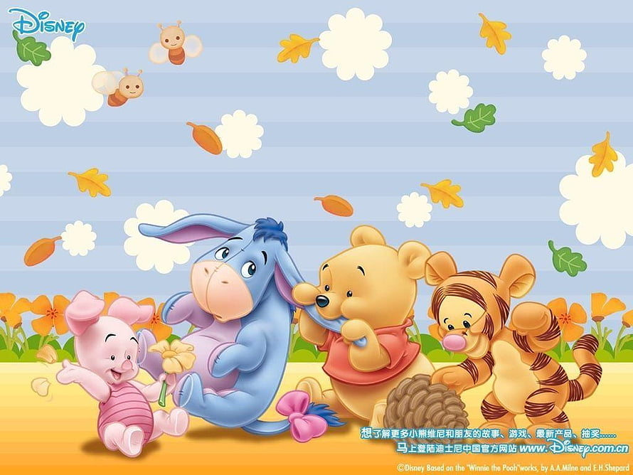 Winnie the Pooh, Piglet, Eeyore, and Tigger in a Sunny Meadow with Bees and Falling Leaves HD wallpaper