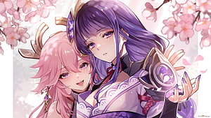 Raiden Shogun and Yae Miko Embrace Under Blossoming Cherry Blossoms HD wallpaper