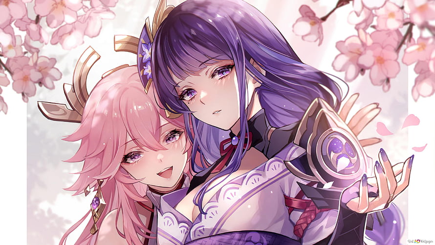 Raiden Shogun and Yae Miko Embrace Under Blossoming Cherry Blossoms HD wallpaper