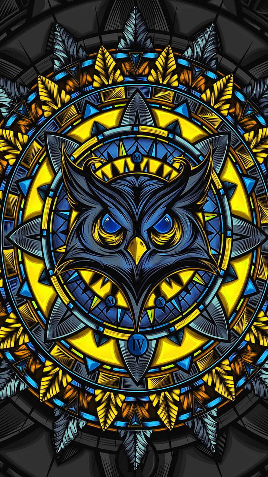 Mighty Owl Stained Glass Mandala Artwork with Geometric Patterns and Vibrant Colors HD phone wallpaper