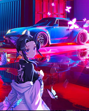 Anime Girl in Kimono with Neon Sports Car and Glowing Butterflies HD phone wallpaper