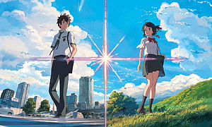 Your Name Anime Wallpaper - Taki and Mitsuha Split Screen City and Countryside HD wallpaper
