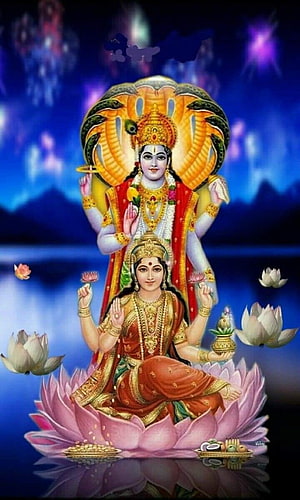 Vishnu and Lakshmi Divine Deity Artwork on Lotus Throne HD phone wallpaper