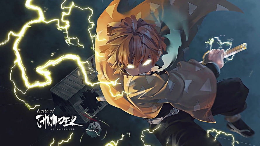 Zenitsu Agatsuma wielding lightning in Demon Slayer anime artwork HD wallpaper