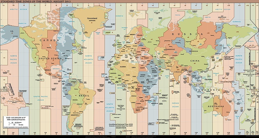 World Standard Time Zones Map with Colorful Country Borders and UTC Offsets HD wallpaper