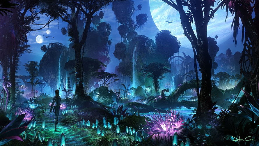 Avatar Pandora Bioluminescent Forest Concept Art with Glowing Flora and Waterfalls HD wallpaper