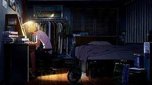 Anime Bedroom Scene with Character Studying at Desk Under Warm Lamp Light HD wallpaper