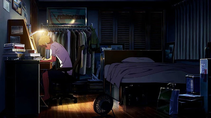 Anime Bedroom Scene with Character Studying at Desk Under Warm Lamp Light HD wallpaper