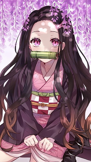Nezuko Kamado in Pink Kimono Under Wisteria Blossoms HD phone wallpaper