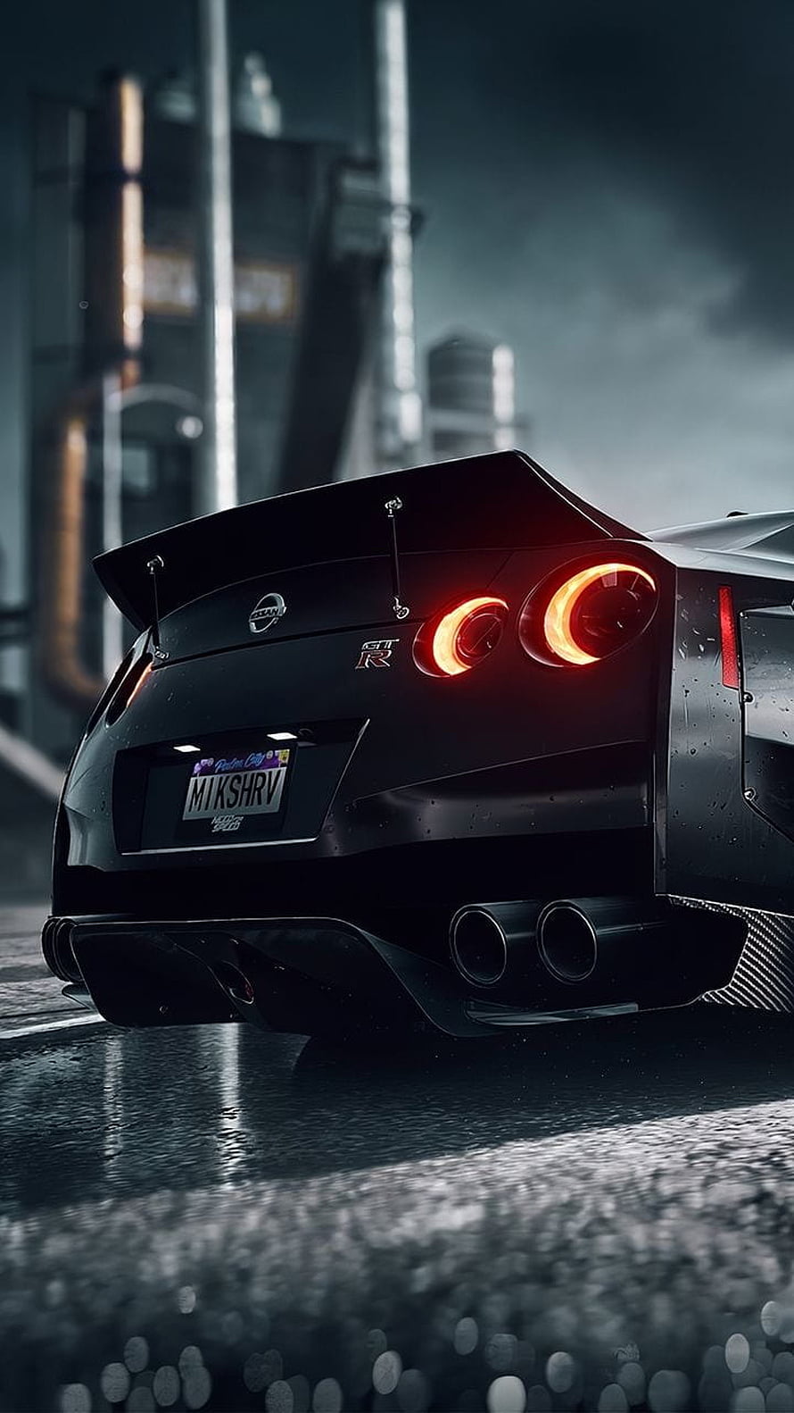 Nissan GT-R Rear View with Glowing Taillights on Wet Asphalt at Night HD phone wallpaper