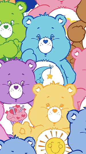 Colorful Care Bears Group Illustration with Heart Muzzles and Belly Badges HD phone wallpaper