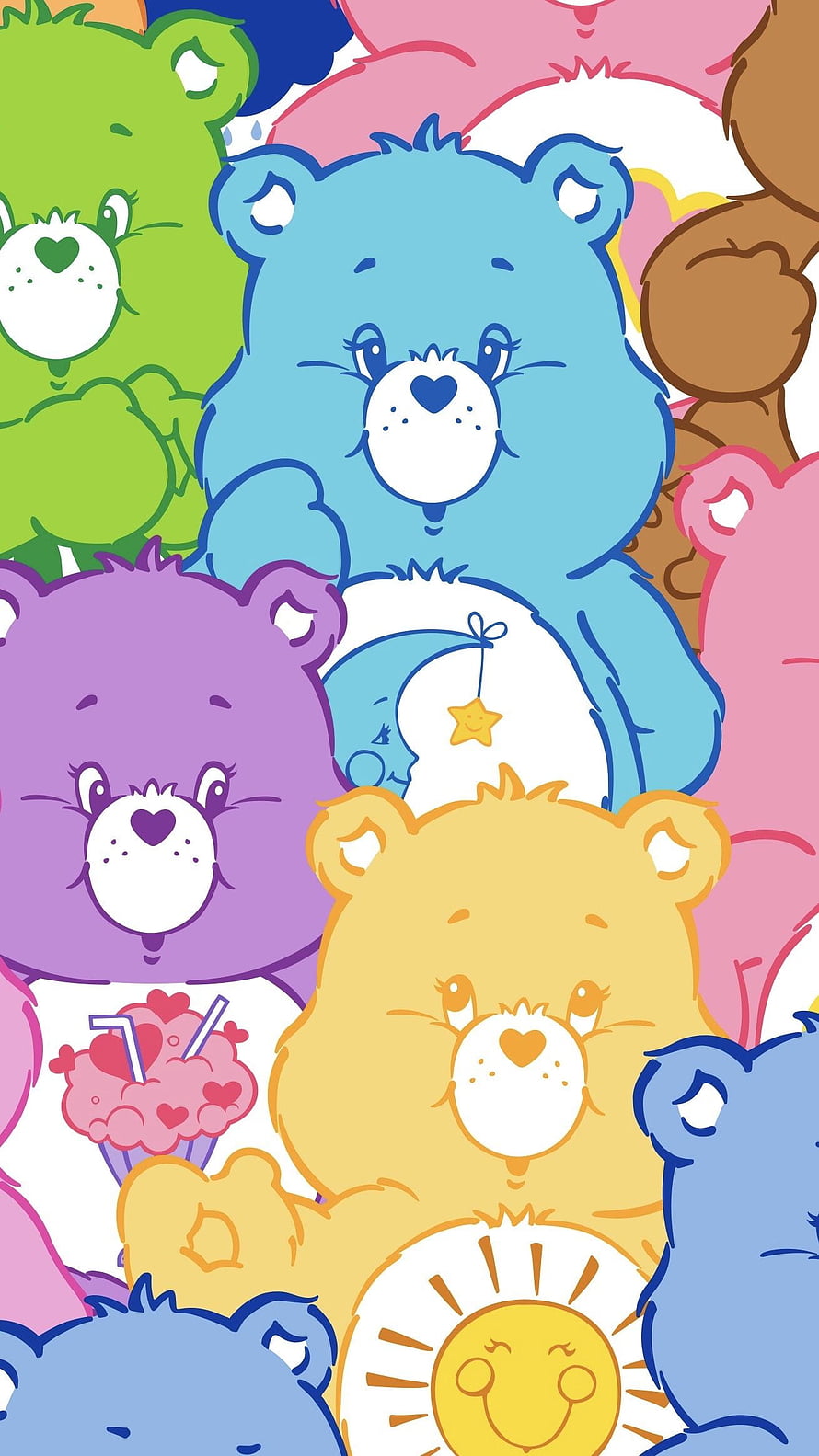 Colorful Care Bears Group Illustration with Heart Muzzles and Belly Badges HD phone wallpaper