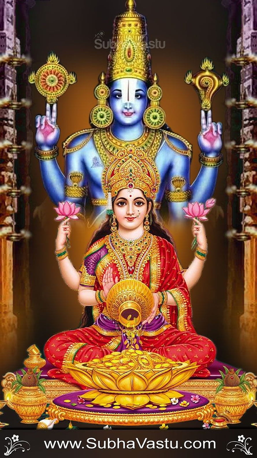 Lakshmi and Vishnu Devotional Artwork with Gold Pot and Lotus Flowers HD phone wallpaper