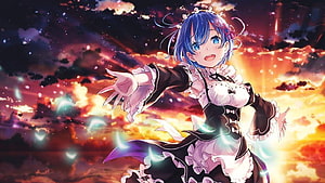 Rem from Re Zero in Black and White Maid Outfit Reaching Out Against Dramatic Sunset Sky HD wallpaper