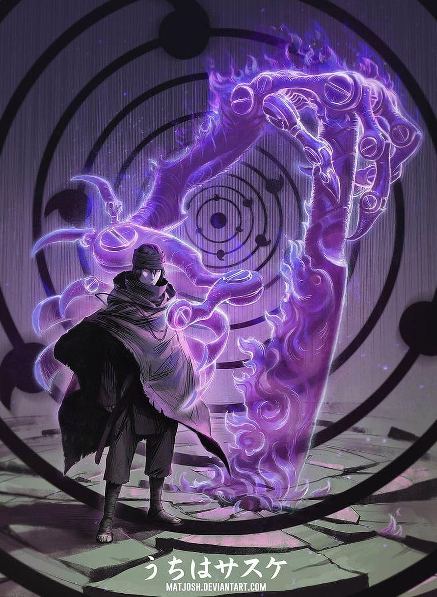 Uchiha Sasuke with Purple Chakra and Rinnegan Symbol in Dark Fantasy Anime Art HD phone wallpaper