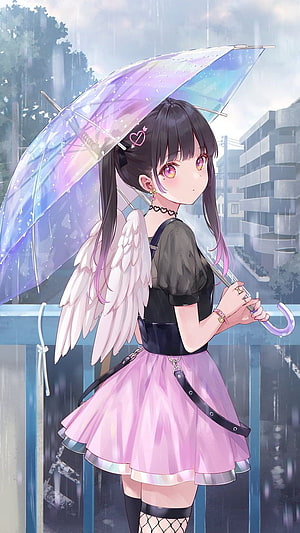 Anime Girl With White Wings Holding Transparent Umbrella In The Rain HD phone wallpaper