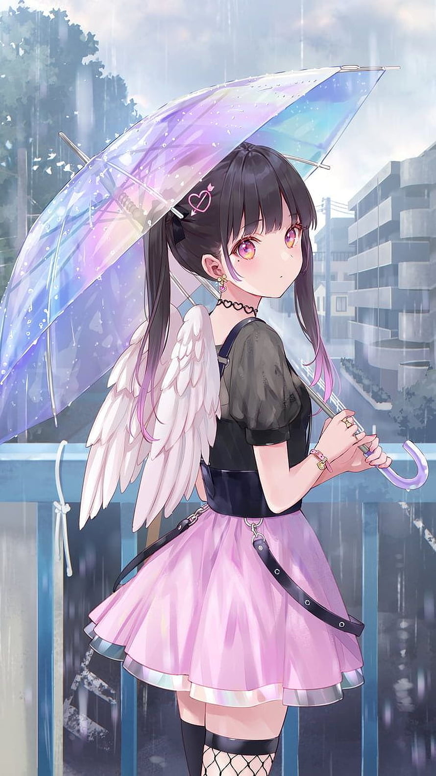 Anime Girl With White Wings Holding Transparent Umbrella In The Rain HD phone wallpaper