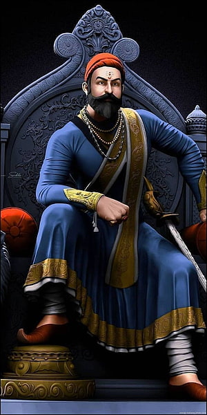 Shivaji Maharaj Sitting on Ornate Throne with Sword and Blue Royal Attire HD phone wallpaper