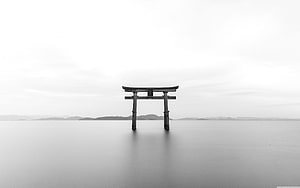 Serene Black And White Photograph Of A Torii Gate Standing In Calm Water With Distant Mountains HD wallpaper