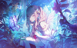 Anime Fairy Girl With Pink Hair Eating Grapes In Magical Blue Forest With Glowing Butterflies HD wallpaper