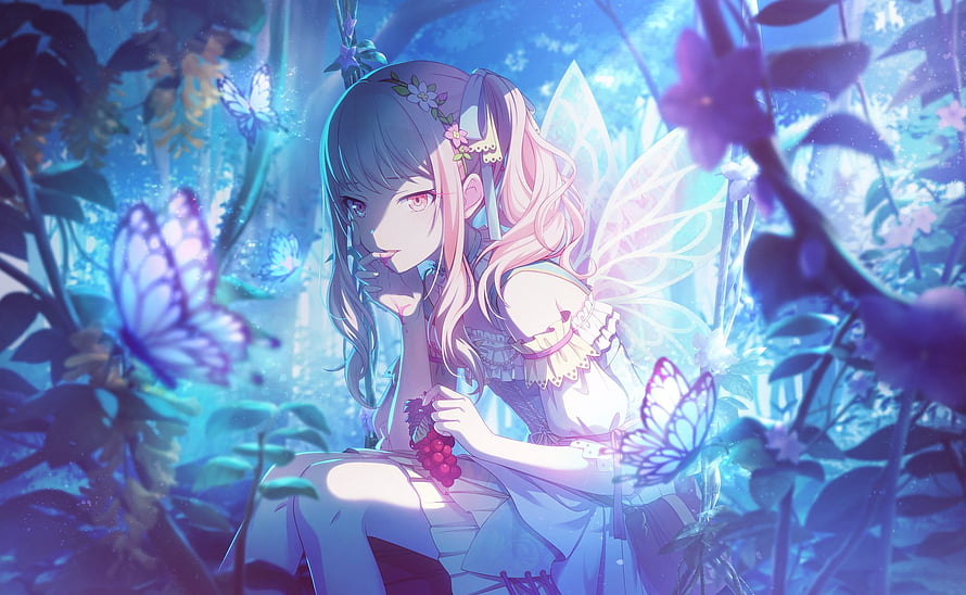 Anime Fairy Girl With Pink Hair Eating Grapes In Magical Blue Forest With Glowing Butterflies HD wallpaper