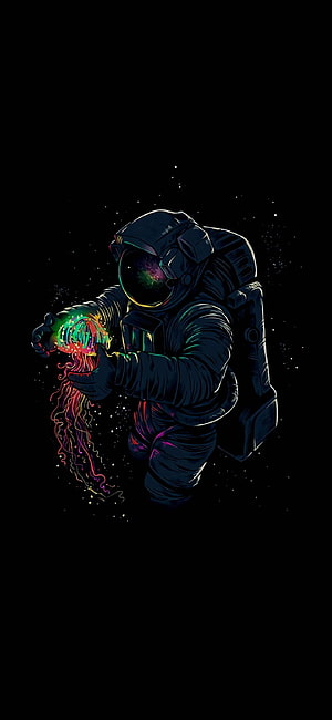 Astronaut Holding Glowing Jellyfish in Deep Space Dark Digital Art HD phone wallpaper