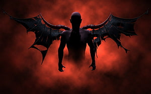 Silhouette of a Horned Demon with Tattered Wings Against a Fiery Red Background HD wallpaper