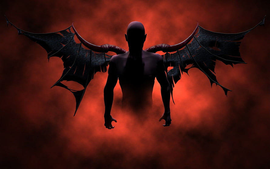 Silhouette of a Horned Demon with Tattered Wings Against a Fiery Red Background HD wallpaper