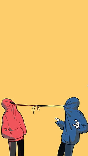 Two Hooded Figures Pulling a Taut String Against a Warm Yellow Background HD phone wallpaper