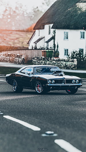 Black 1970 Plymouth Cuda Superbird Muscle Car with Hood Scoop on Country Road HD phone wallpaper