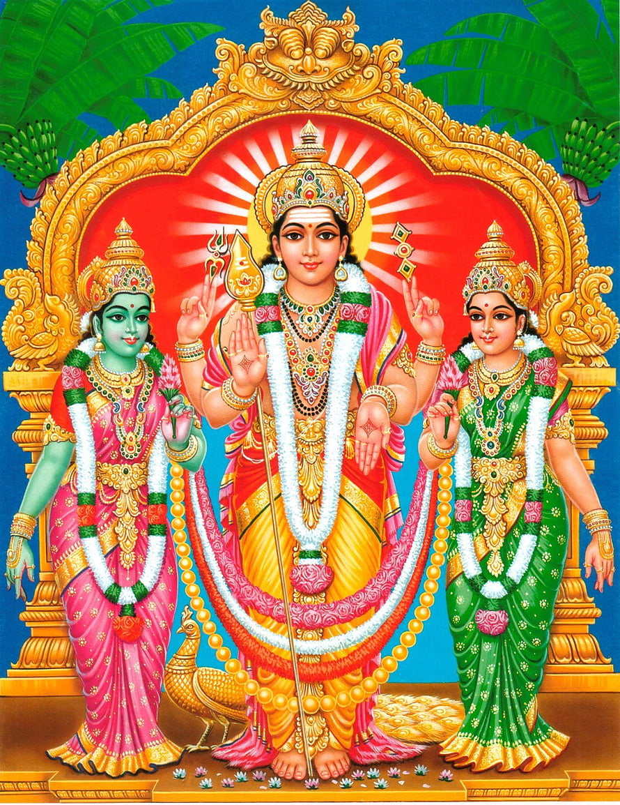 Lord Ayyappa with Sastha and Bhadrakali in traditional Hindu temple art style HD phone wallpaper