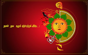 Sinhala and Tamil New Year Illustration with Sun Face and Traditional Motifs HD wallpaper