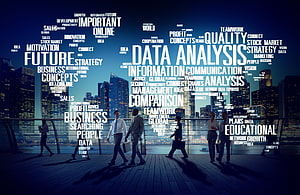 Business Professionals Walking on Boardwalk with Data Analysis Word Cloud Over City Skyline HD wallpaper