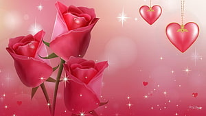 Romantic Red Roses and Heart Ornaments on a Soft Pink Gradient Background HD wallpaper