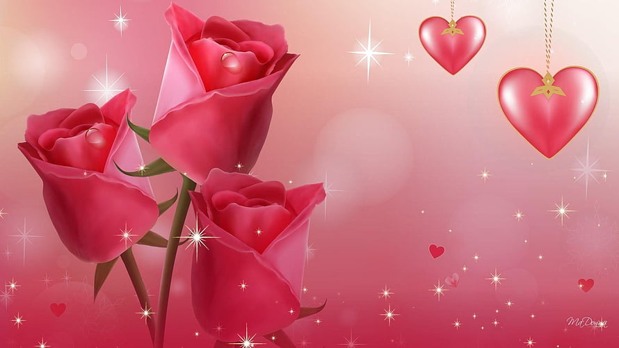 Romantic Red Roses and Heart Ornaments on a Soft Pink Gradient Background HD wallpaper