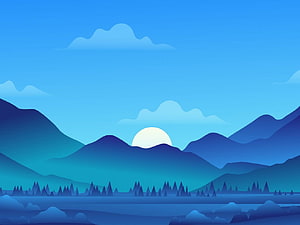 Minimalist Blue Mountain Landscape with Sunrise and Pine Forest HD wallpaper