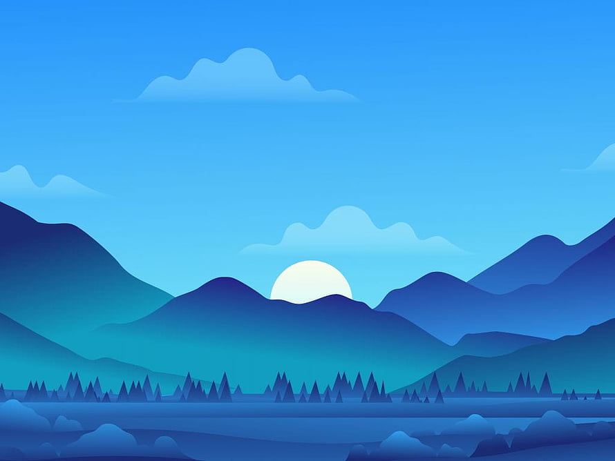 Minimalist Blue Mountain Landscape with Sunrise and Pine Forest HD wallpaper