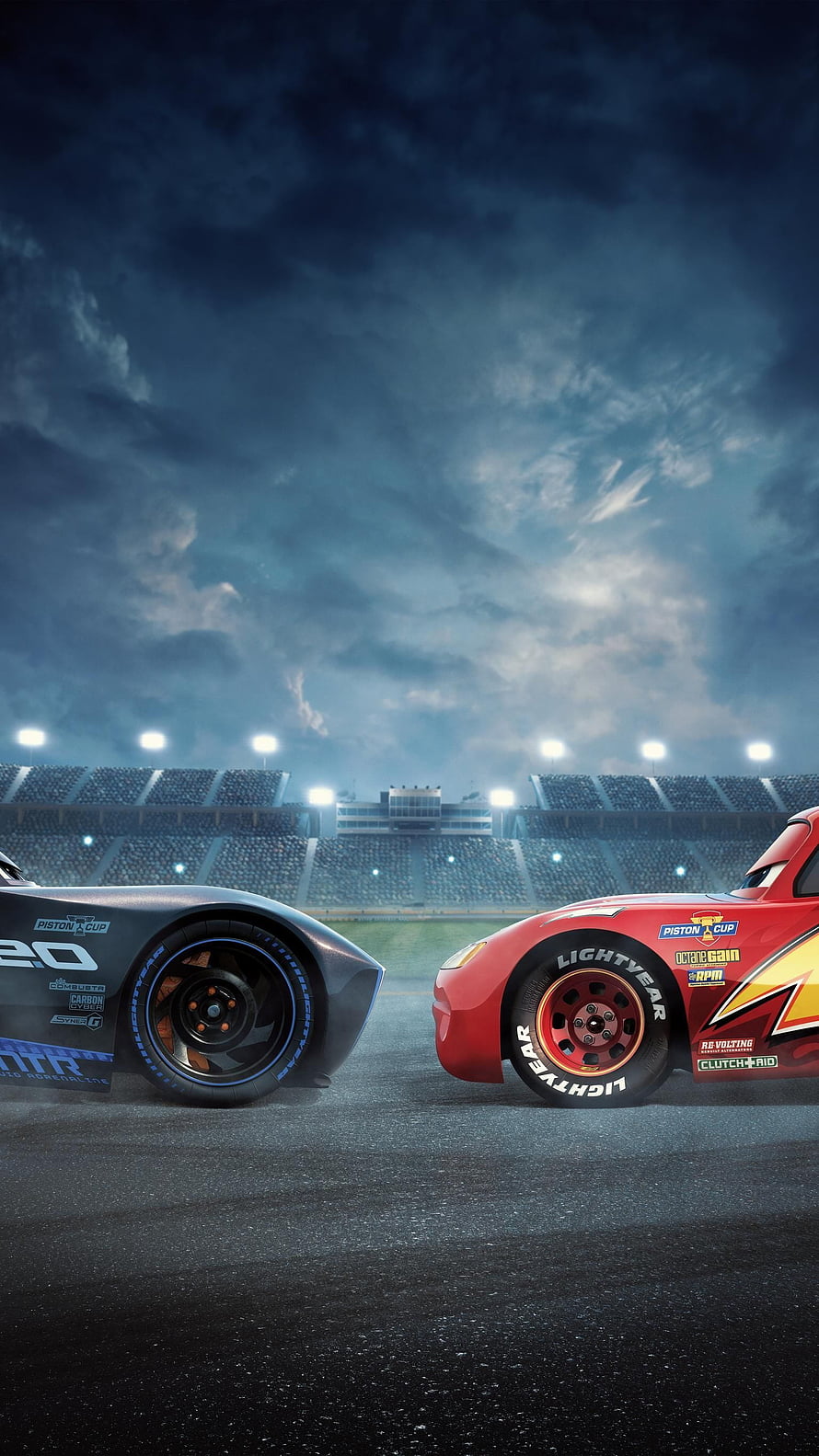 Cars 3 Racing Scene: Lightning McQueen and Jackson Storm Face Off at the Piston Cup Track HD phone wallpaper