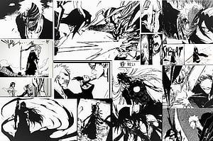 Bleach manga art collage featuring Kenpachi Zaraki and Yhwach in black and white, even better manga : bleach, manga panels HD wallpaper
